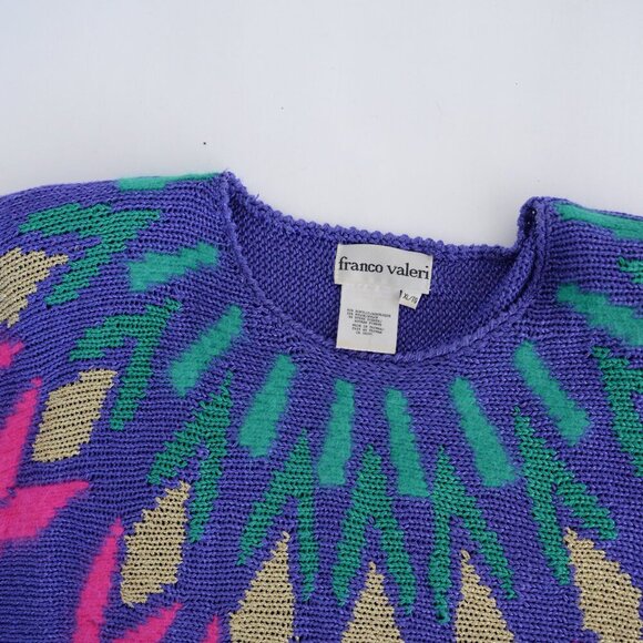 Vintage Franco Valeri Purple Knit Floral Abstract Shoulder Pad Scoop Sweater Xl - Picture 10 of 13